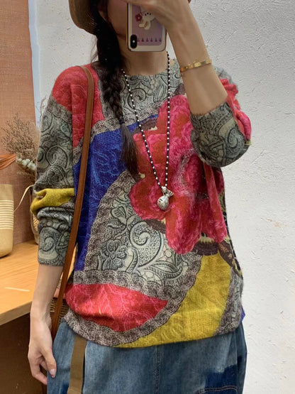 Autumn Print O-neck Knit Sweater At1083