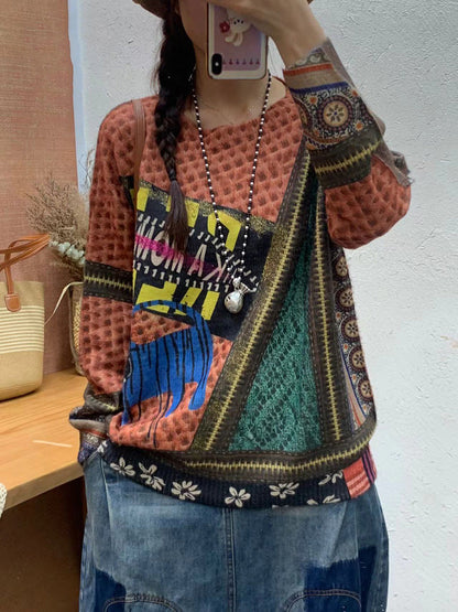 Autumn Print O-neck Knit Sweater At1083