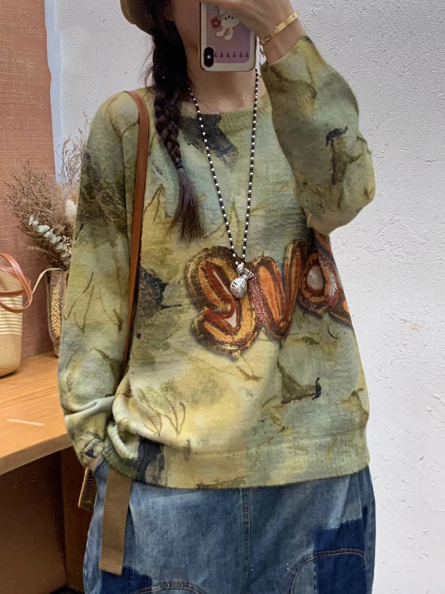 Autumn Print O-neck Knit Sweater At1083