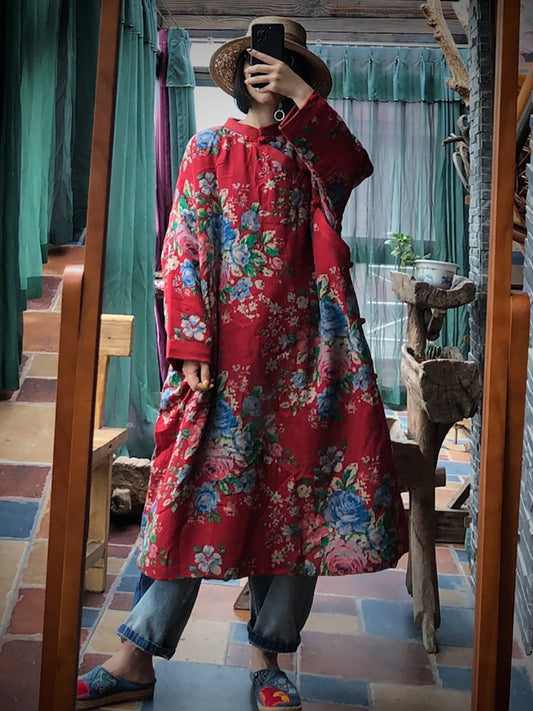 Red Flower Slant Closure Cotton Padded Coat Ai1014
