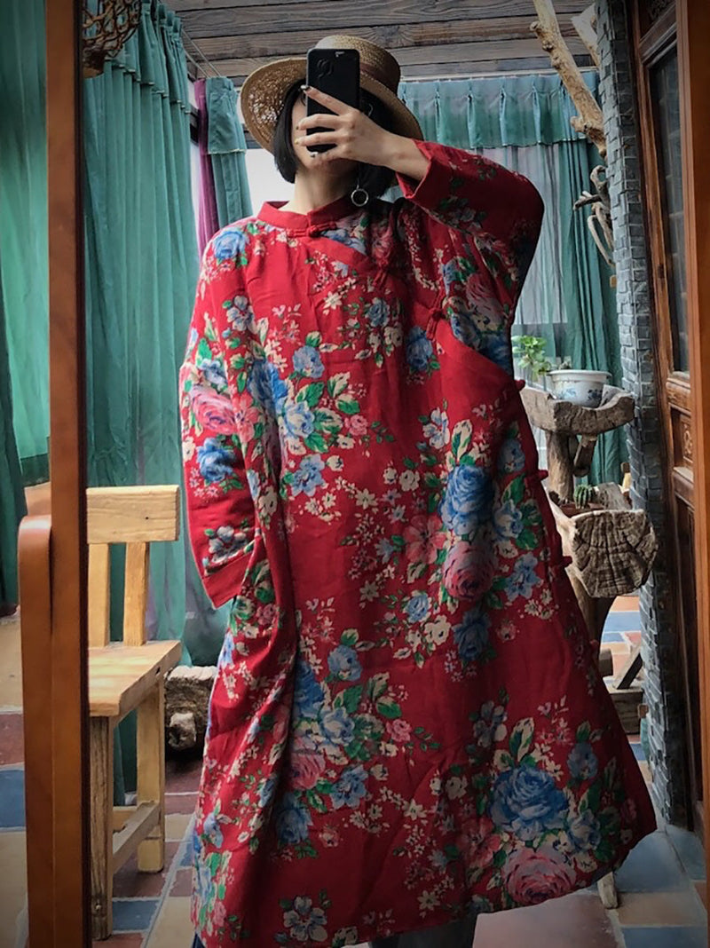Red Flower Slant Closure Cotton Padded Coat Ai1014