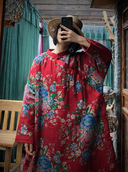 Red Flower Slant Closure Cotton Padded Coat Ai1014