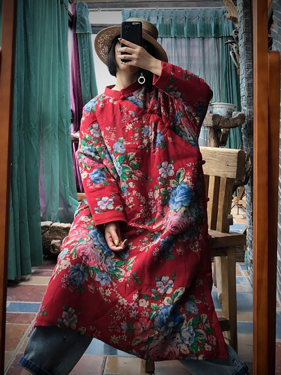 Red Flower Slant Closure Cotton Padded Coat Ai1014