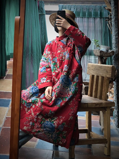 Red Flower Slant Closure Cotton Padded Coat Ai1014