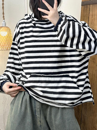 Autumn Stripe Cotton Half Turtleneck Sweatshirt Ai1065