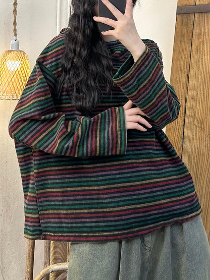 Autumn Stripe Colorblock Hooded Cotton Sweatshirt Ai1046