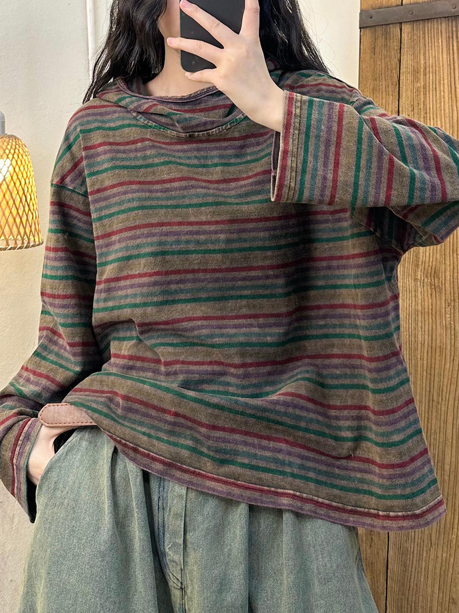 Autumn Stripe Colorblock Hooded Cotton Sweatshirt Ai1046