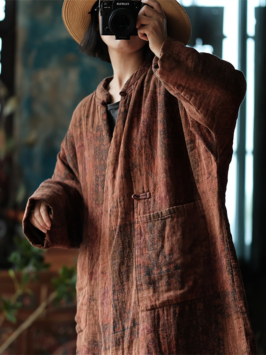 Winter Worn Flower Print Button Cotton Coat At1097