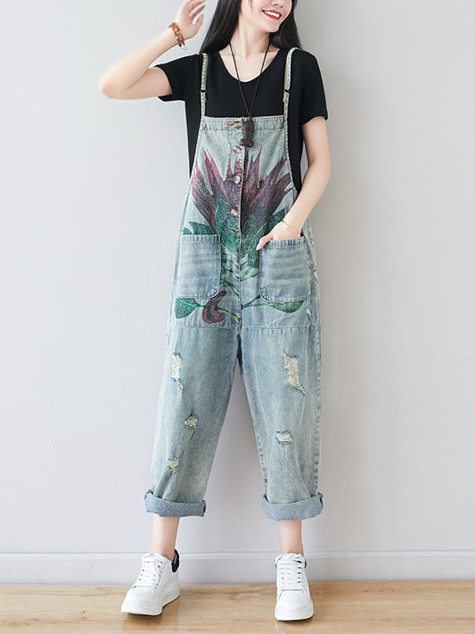 Artsy Flower Frayed Denim Pocket Jumpsuits Ai1080
