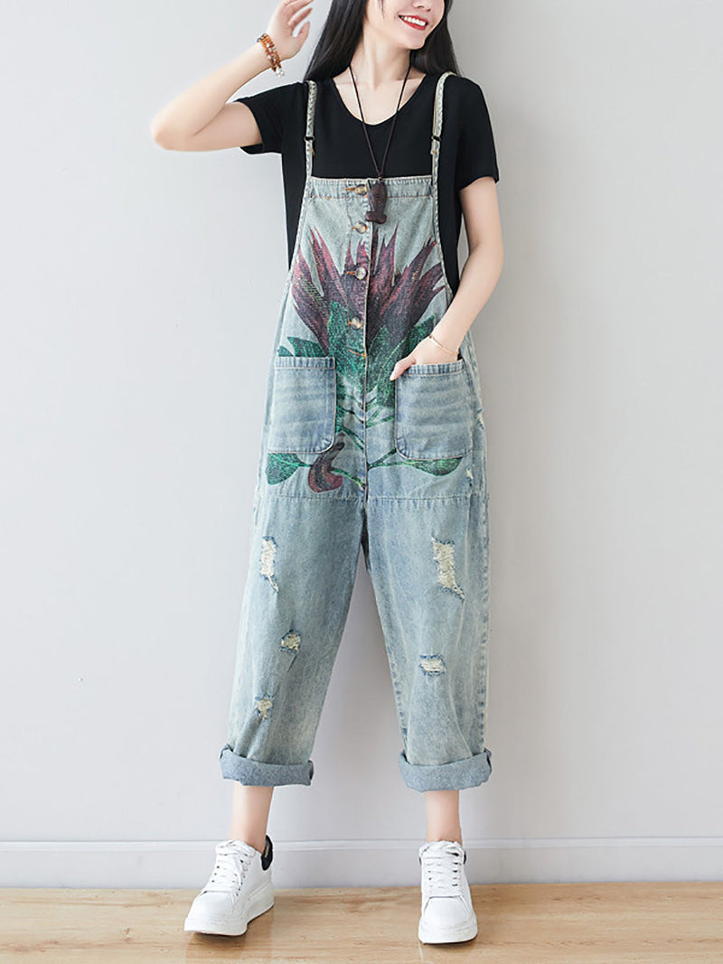 Artsy Flower Frayed Denim Pocket Jumpsuits Ai1080