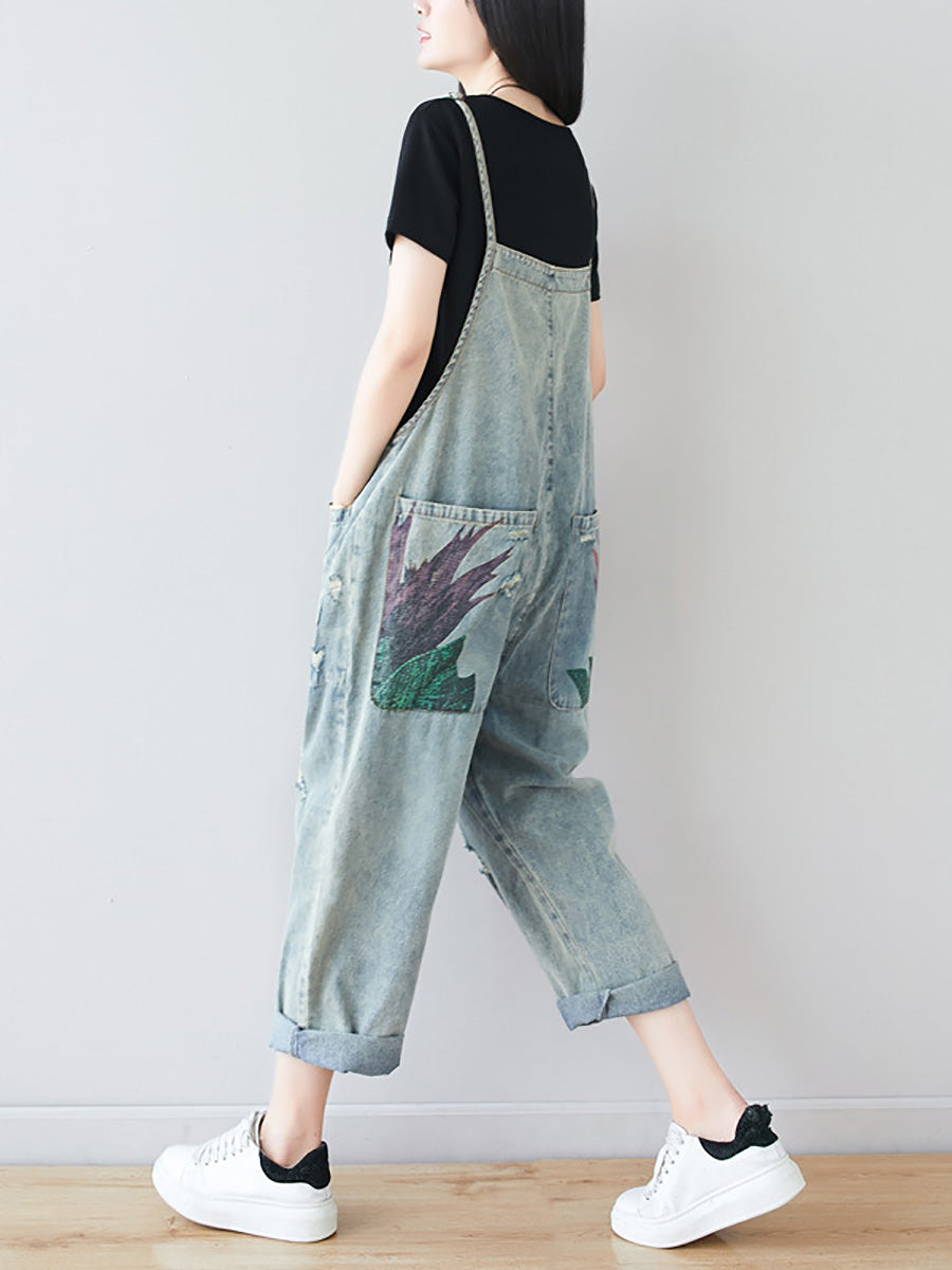 Artsy Flower Frayed Denim Pocket Jumpsuits Ai1080