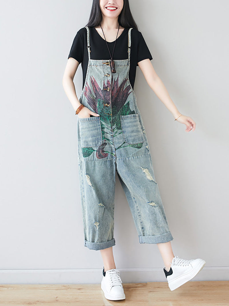 Artsy Flower Frayed Denim Pocket Jumpsuits Ai1080