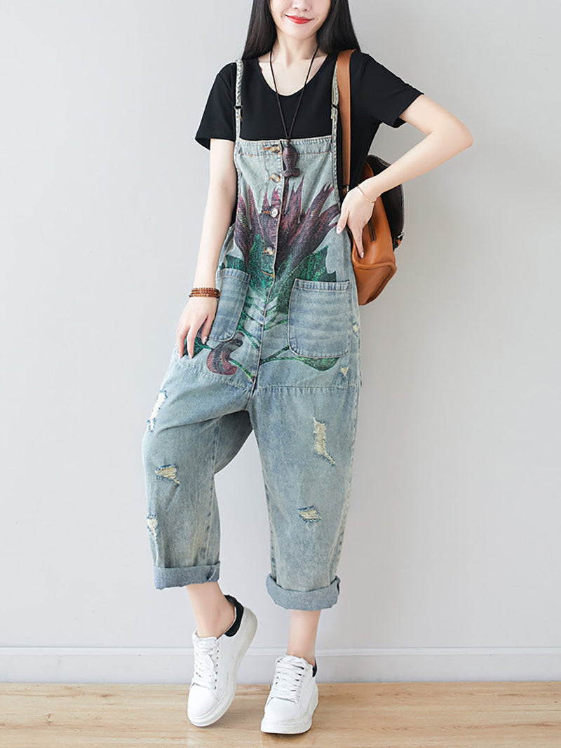 Artsy Flower Frayed Denim Pocket Jumpsuits Ai1080