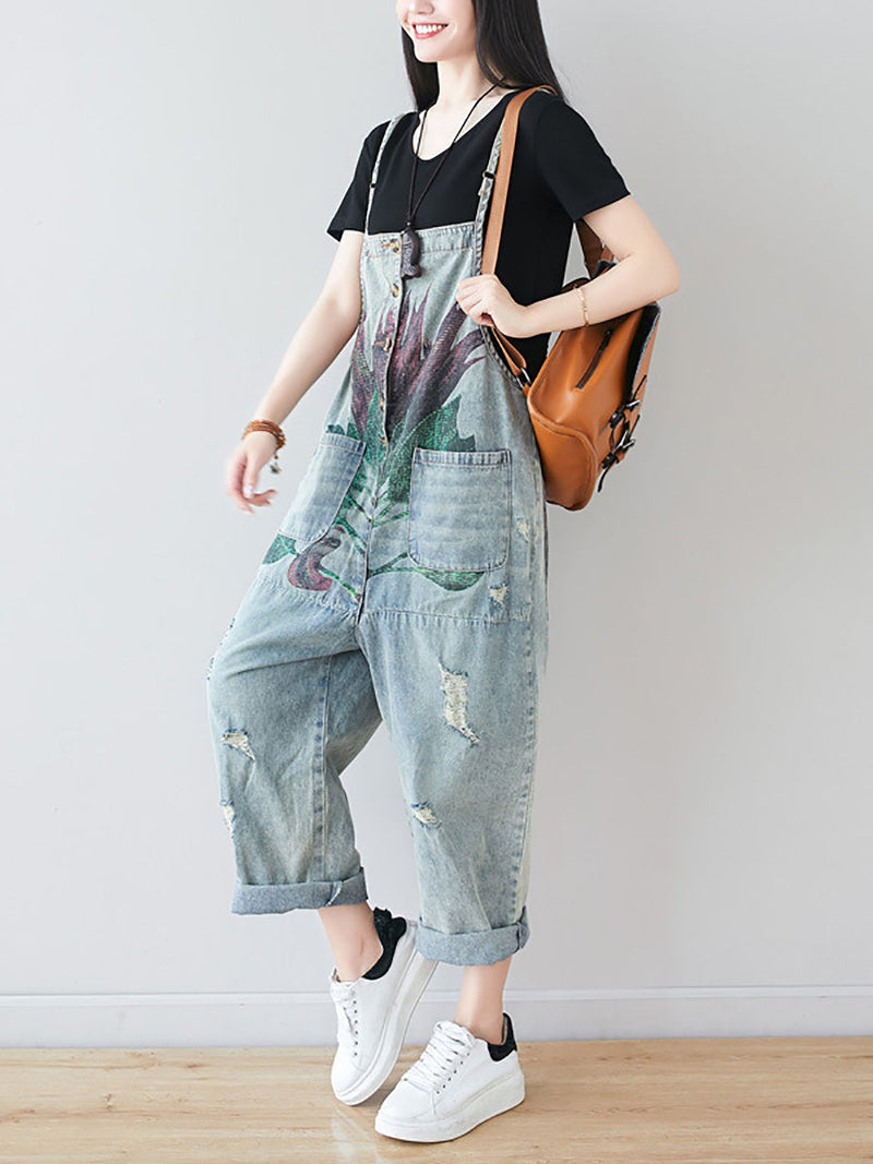 Artsy Flower Frayed Denim Pocket Jumpsuits Ai1080