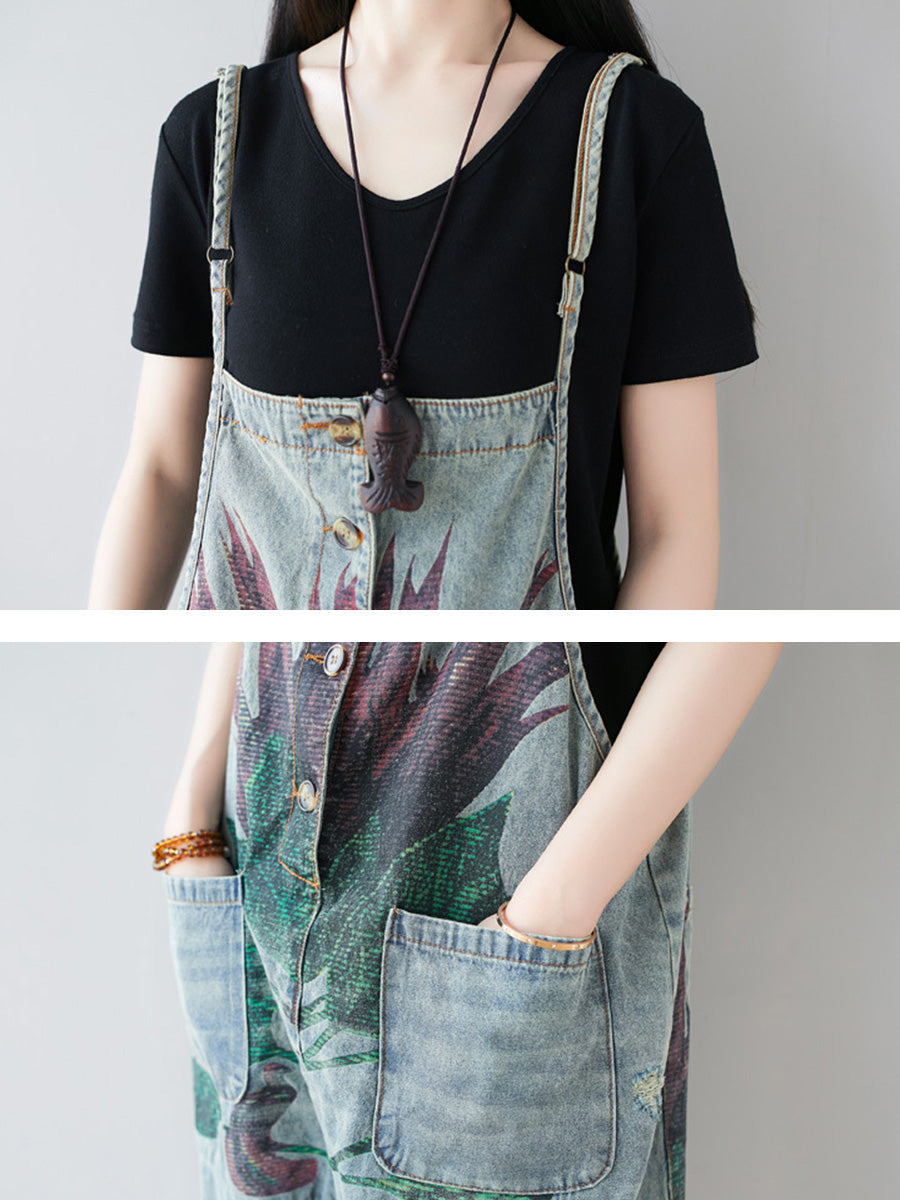 Artsy Flower Frayed Denim Pocket Jumpsuits Ai1080