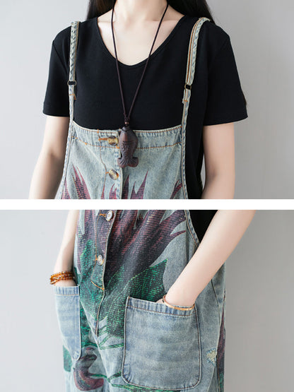 Artsy Flower Frayed Denim Pocket Jumpsuits Ai1080