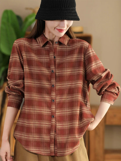 Autumn Plaid Button-up Cotton Blouse Ai1031