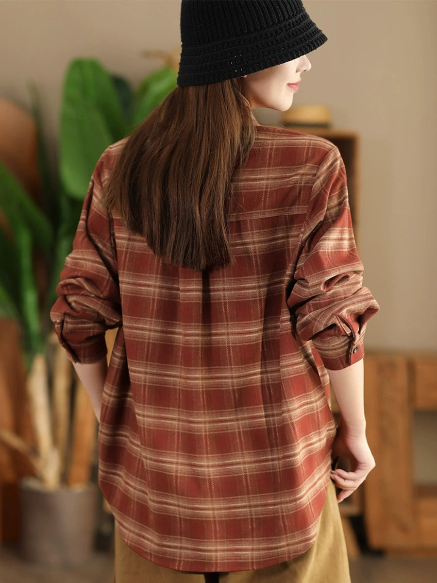 Autumn Plaid Button-up Cotton Blouse Ai1031