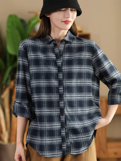 Autumn Plaid Button-up Cotton Blouse Ai1031
