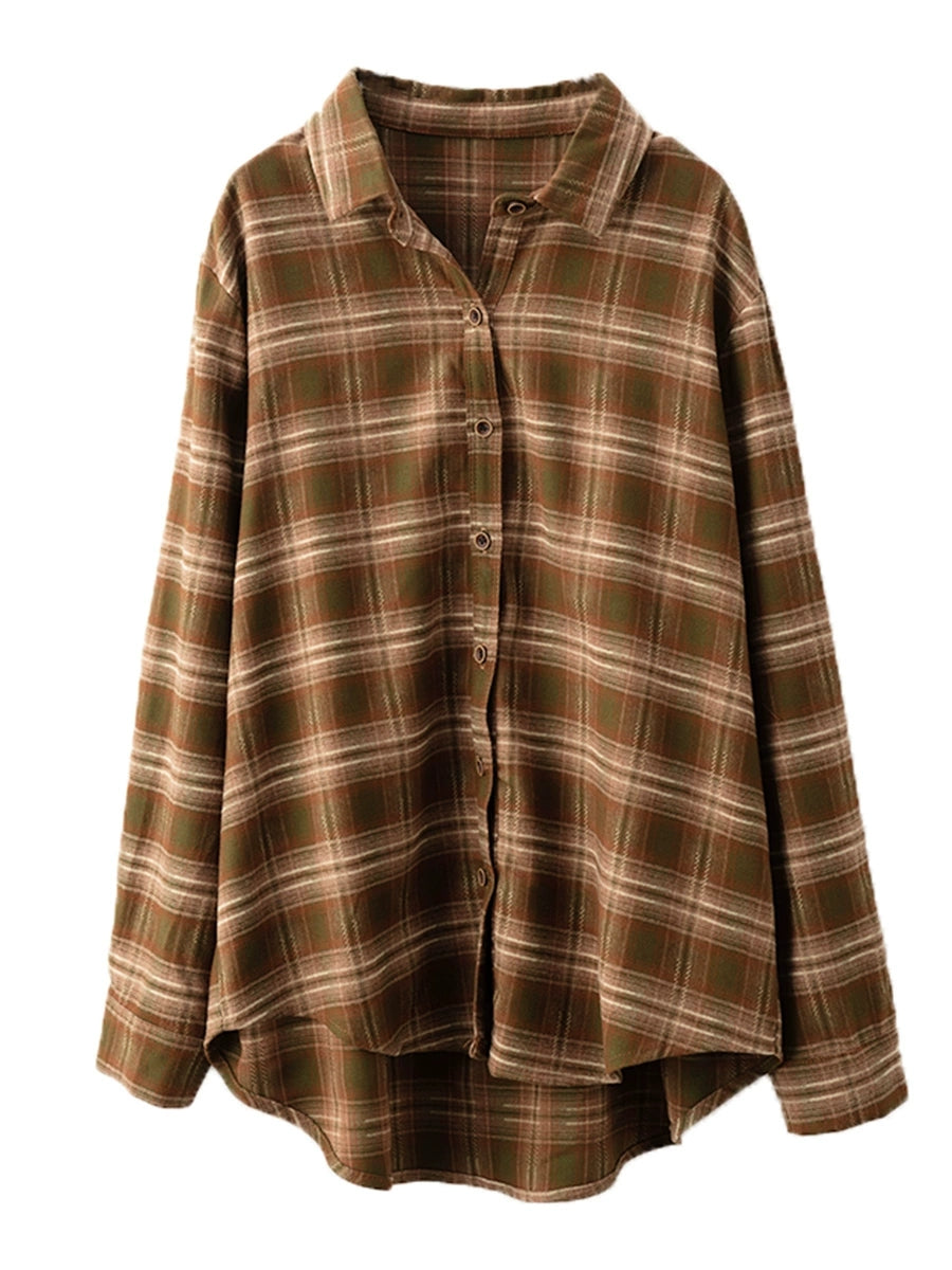 Autumn Plaid Button-up Cotton Blouse Ai1031