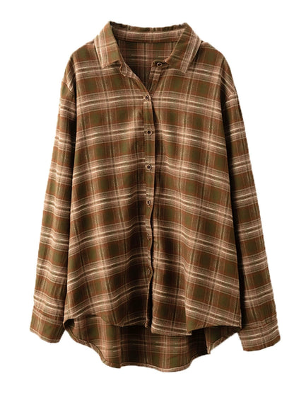 Autumn Plaid Button-up Cotton Blouse Ai1031