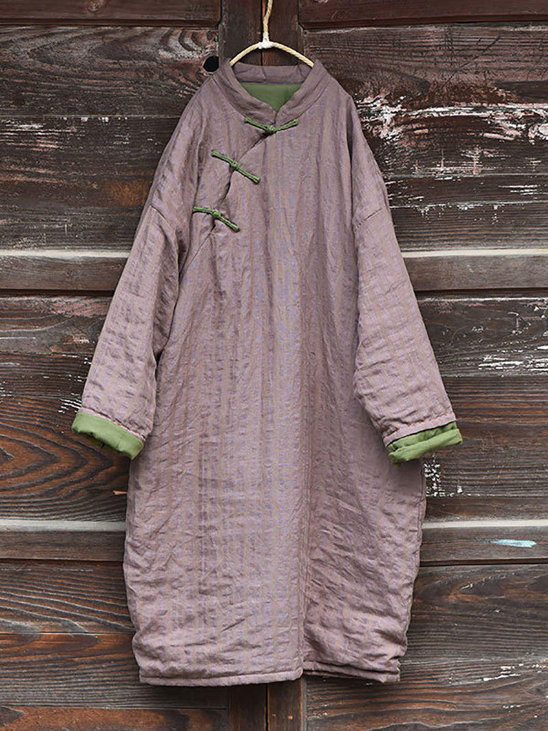 Stripe Warm Button 100%linen Robe Coat Ai1002