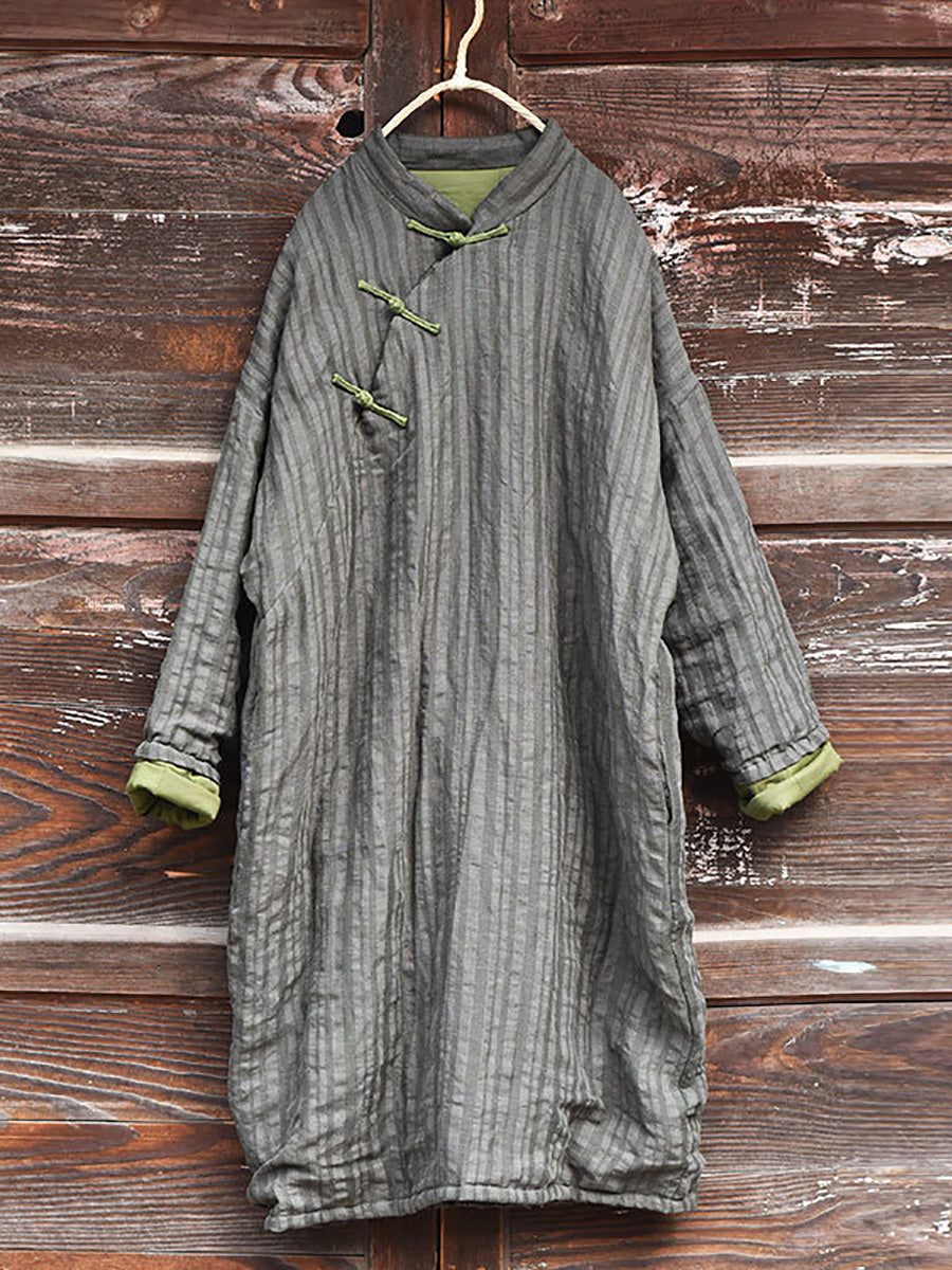 Stripe Warm Button 100%linen Robe Coat Ai1002