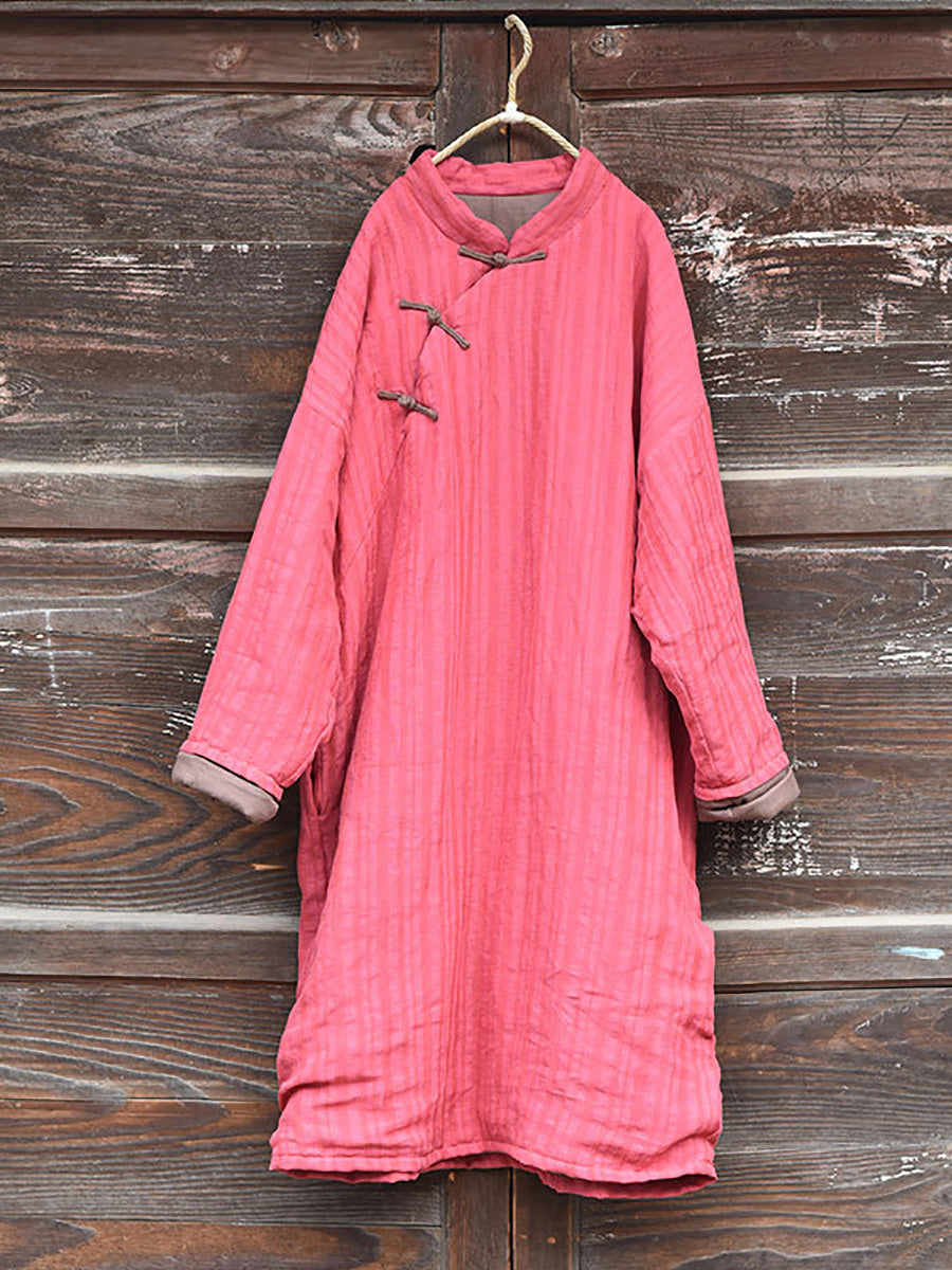 Stripe Warm Button 100%linen Robe Coat Ai1002