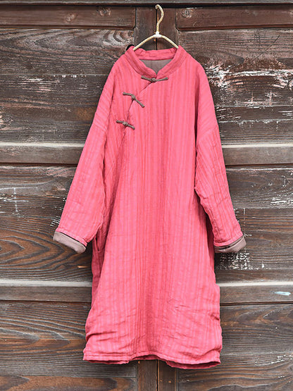Stripe Warm Button 100%linen Robe Coat Ai1002