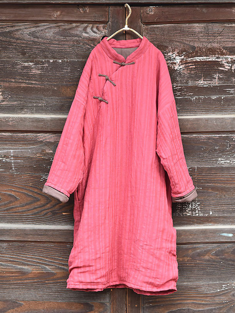 Stripe Warm Button 100%linen Robe Coat Ai1002