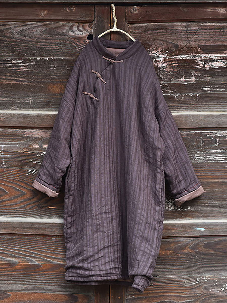 Stripe Warm Button 100%linen Robe Coat Ai1002