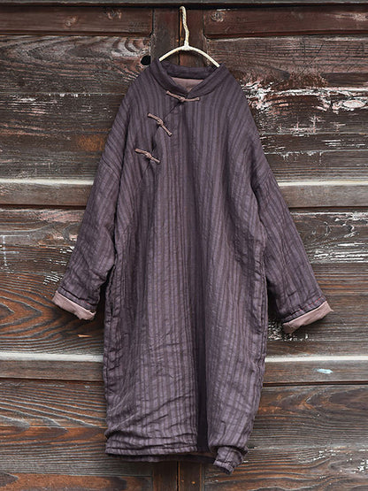 Stripe Warm Button 100%linen Robe Coat Ai1002