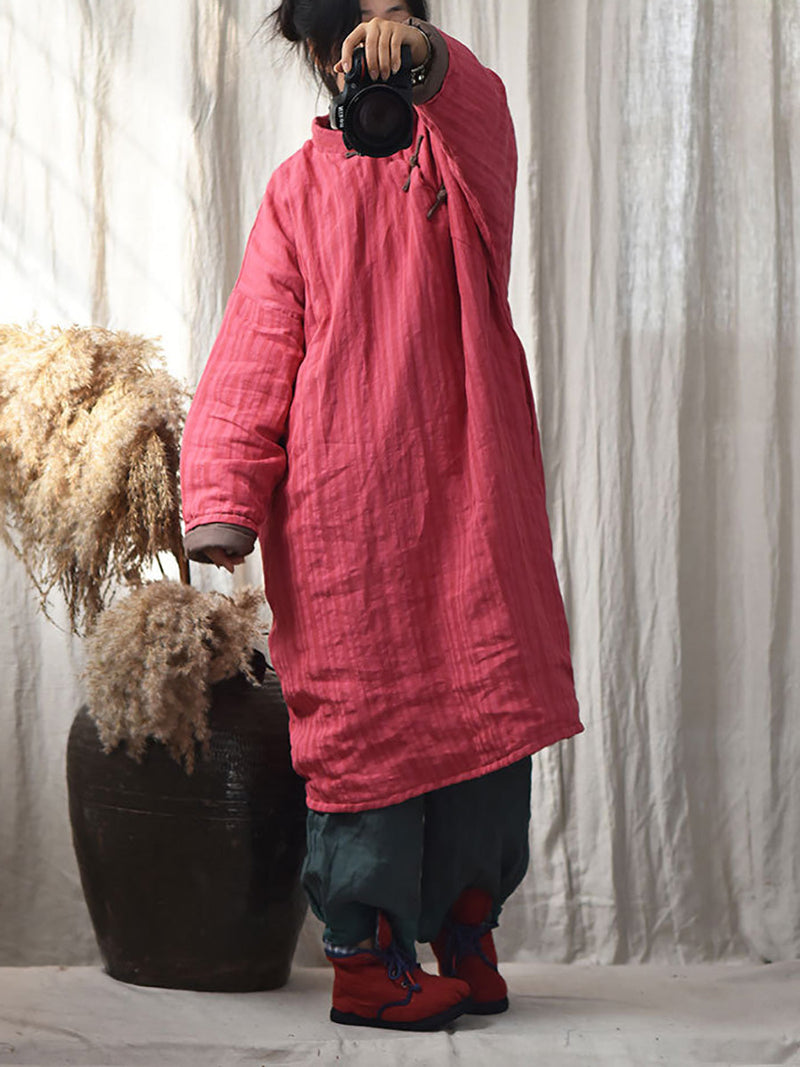 Stripe Warm Button 100%linen Robe Coat Ai1002