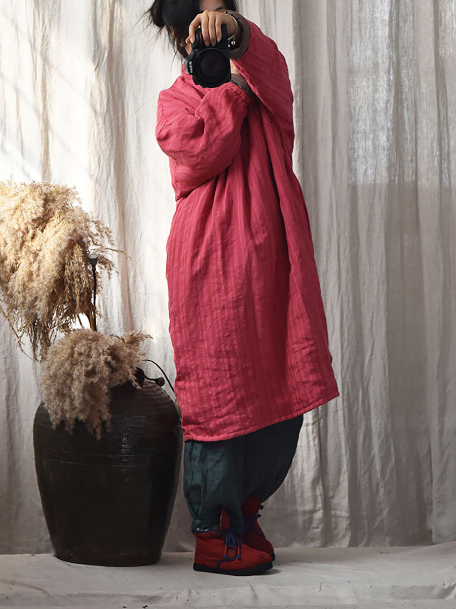 Stripe Warm Button 100%linen Robe Coat Ai1002