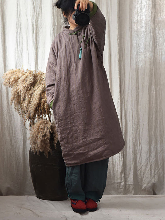 Stripe Warm Button 100%linen Robe Coat Ai1002