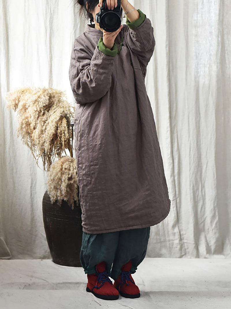 Stripe Warm Button 100%linen Robe Coat Ai1002