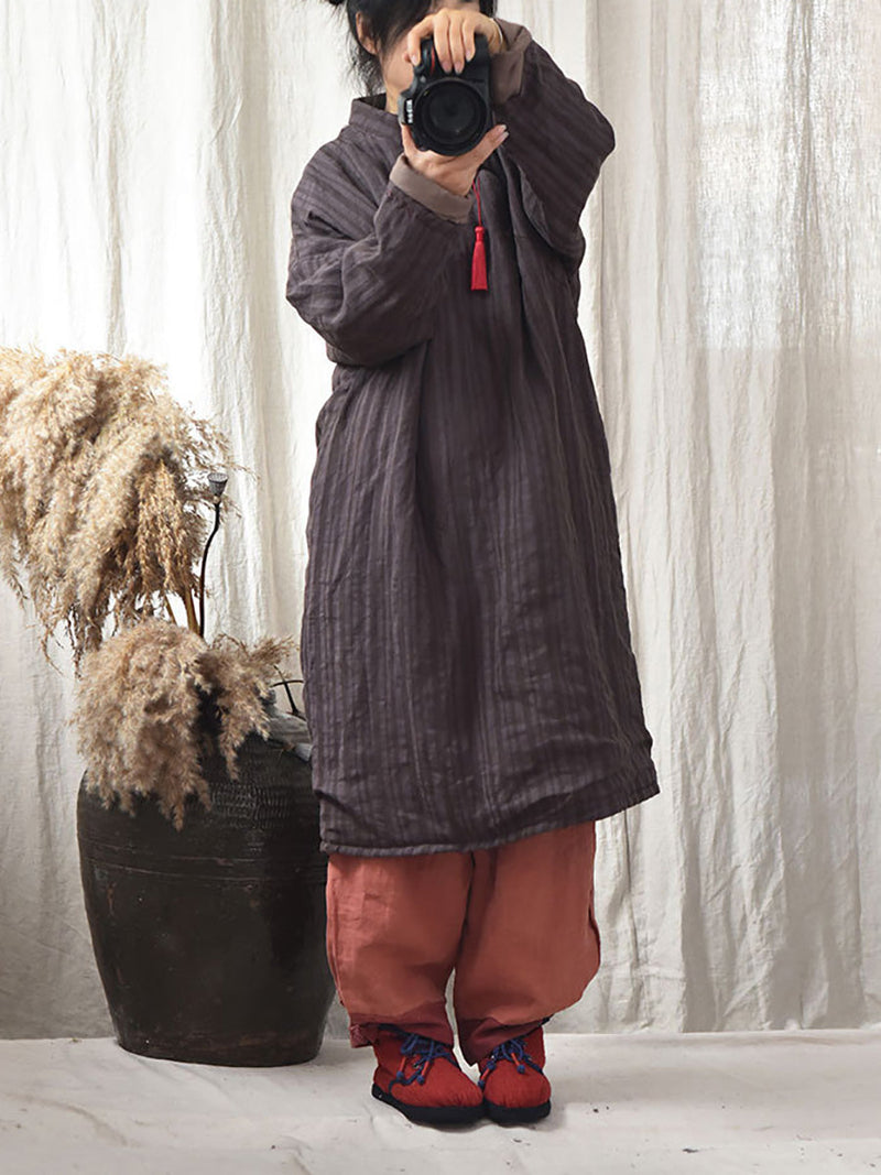 Stripe Warm Button 100%linen Robe Coat Ai1002