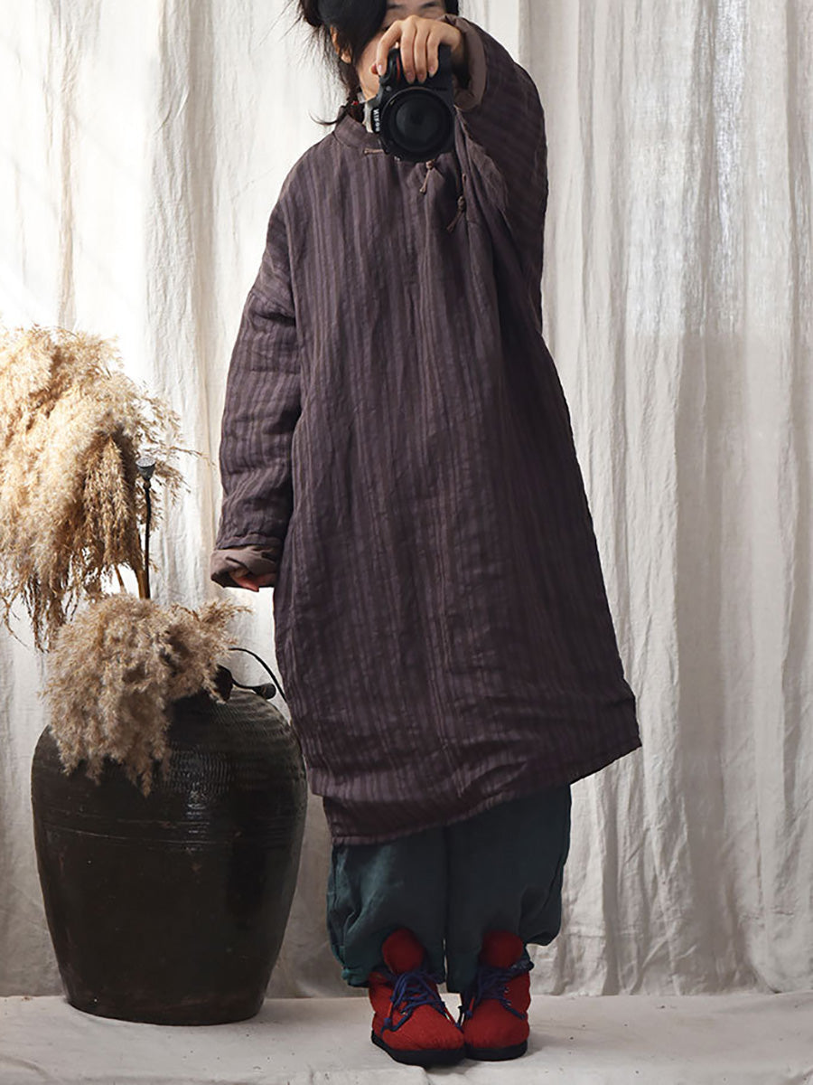 Stripe Warm Button 100%linen Robe Coat Ai1002