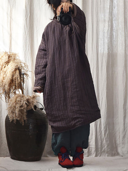 Stripe Warm Button 100%linen Robe Coat Ai1002