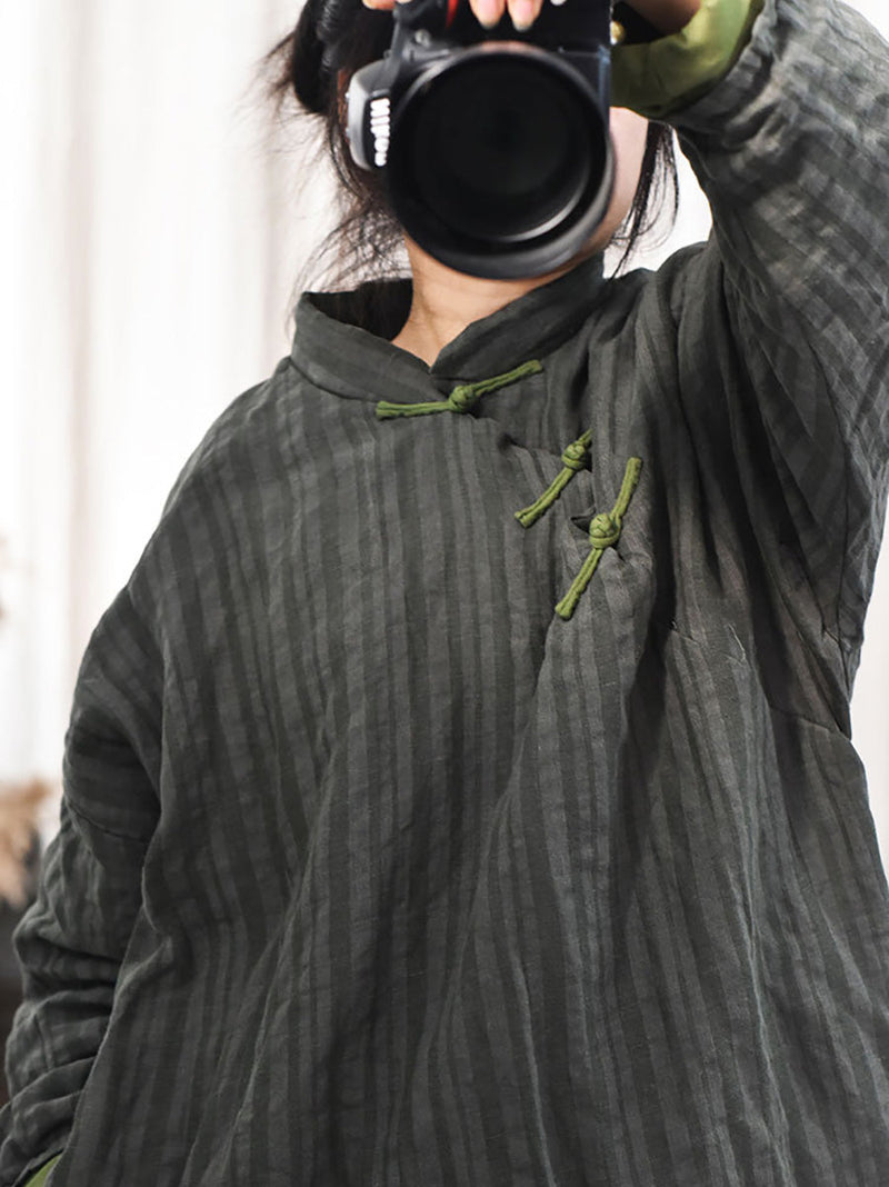 Stripe Warm Button 100%linen Robe Coat Ai1002