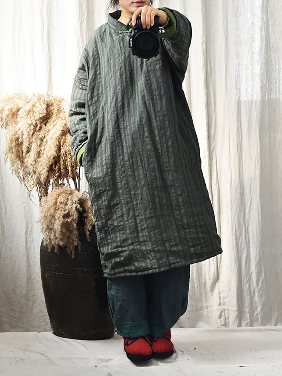Stripe Warm Button 100%linen Robe Coat Ai1002