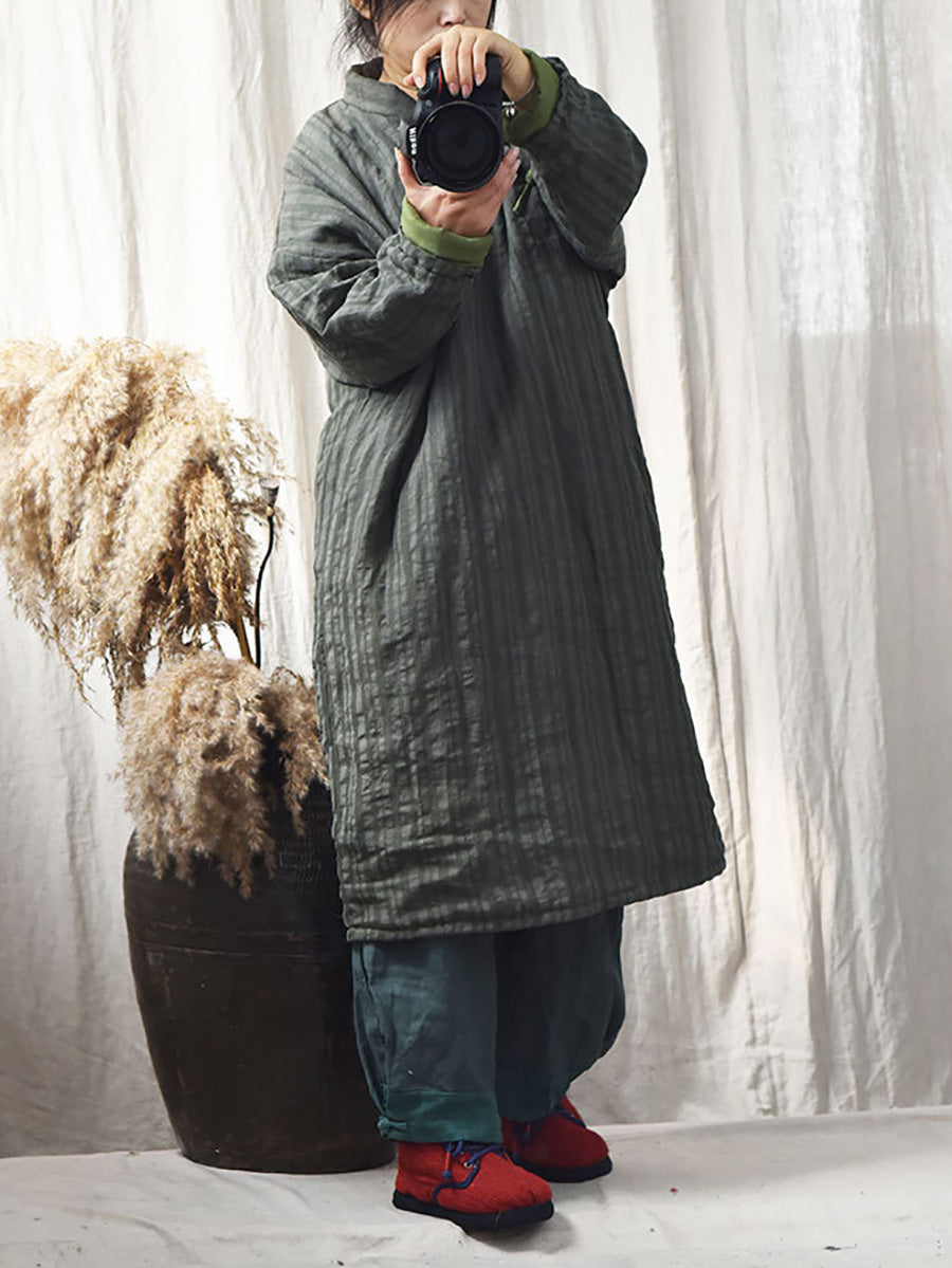Stripe Warm Button 100%linen Robe Coat Ai1002