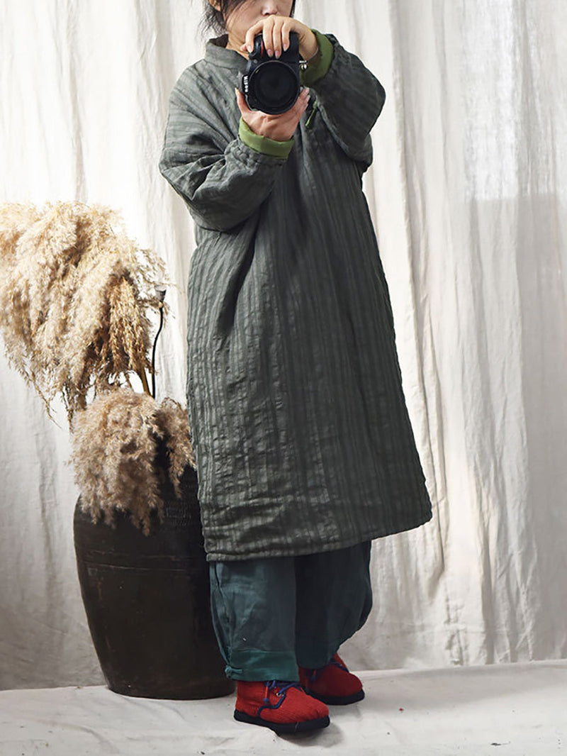 Stripe Warm Button 100%linen Robe Coat Ai1002