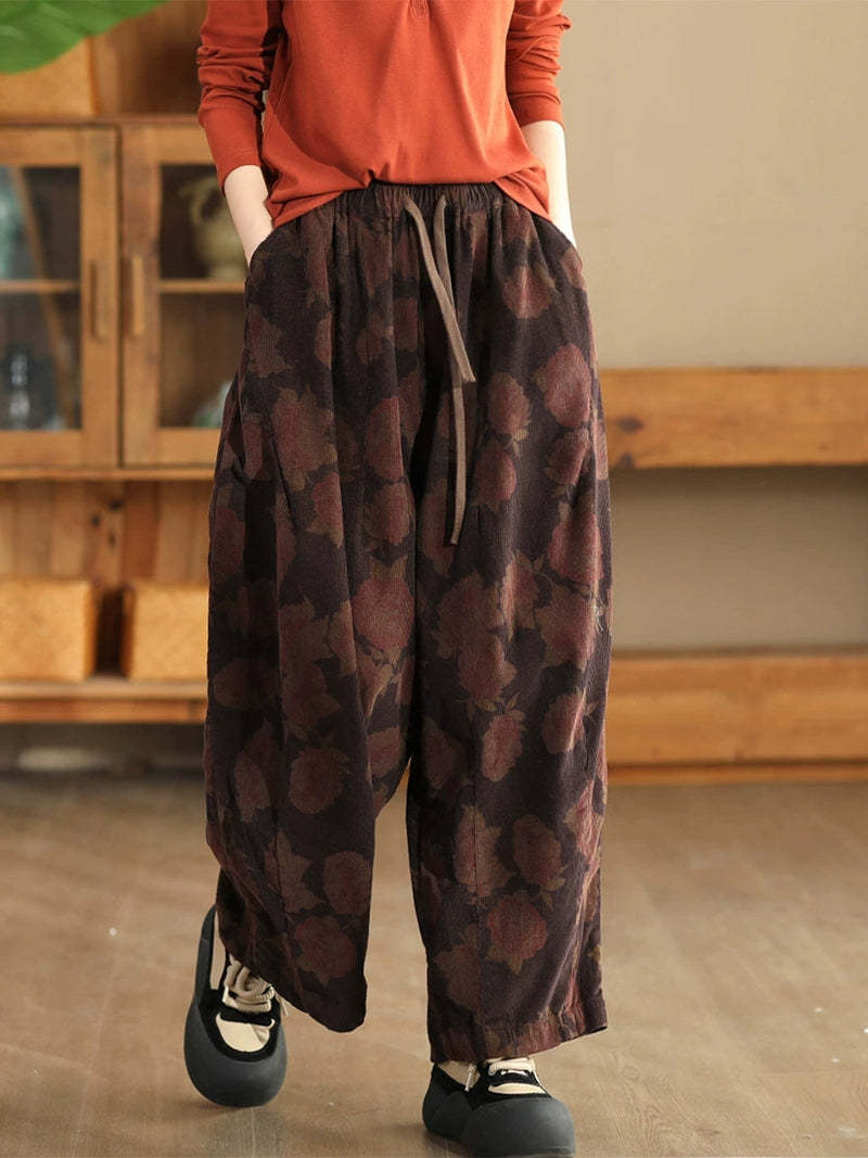 Autumn Flower Strap Corduroy Harem Pants Ai1036