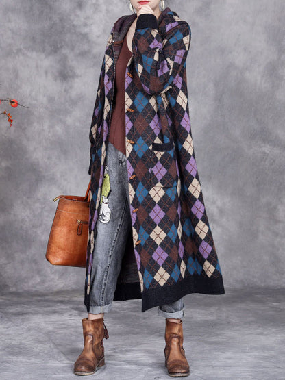 Winter Rhomboid Wool Knitted Hooded Coat Ai1001