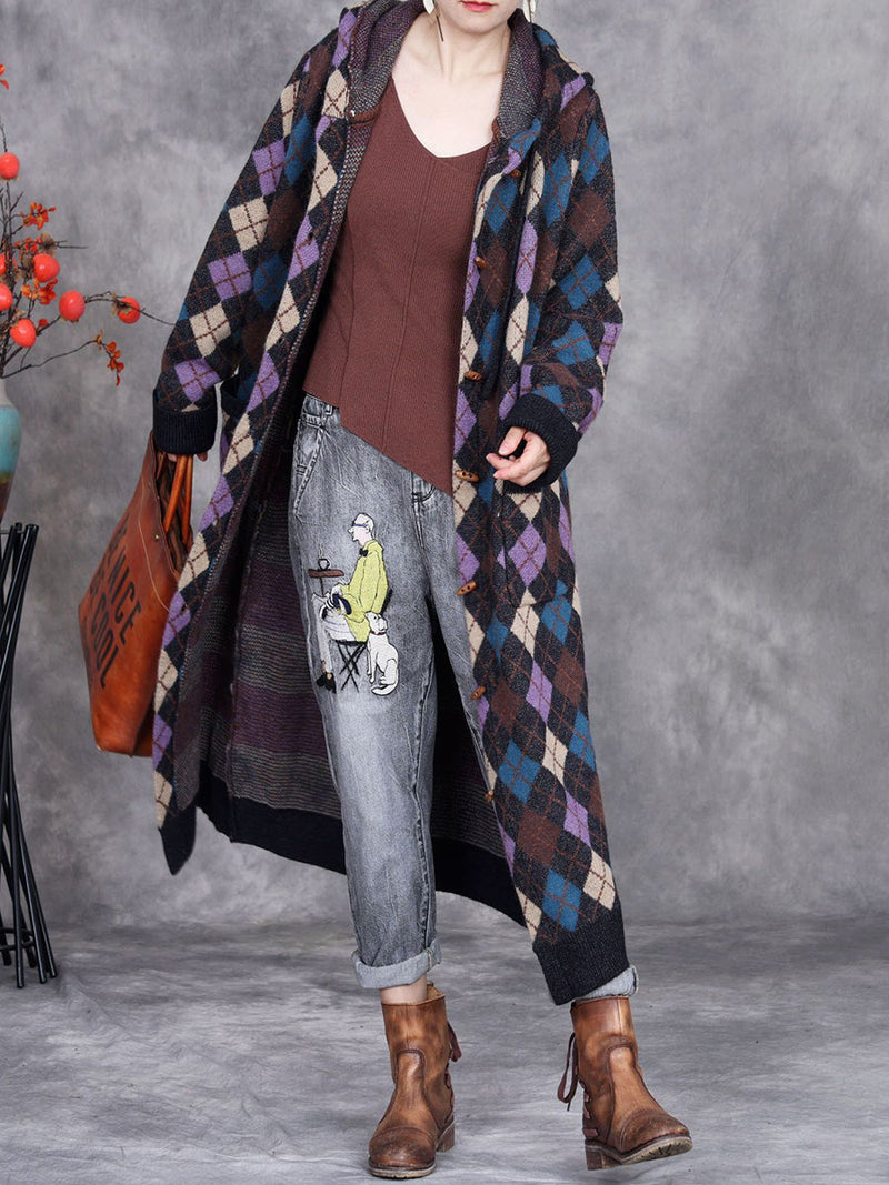 Winter Rhomboid Wool Knitted Hooded Coat Ai1001