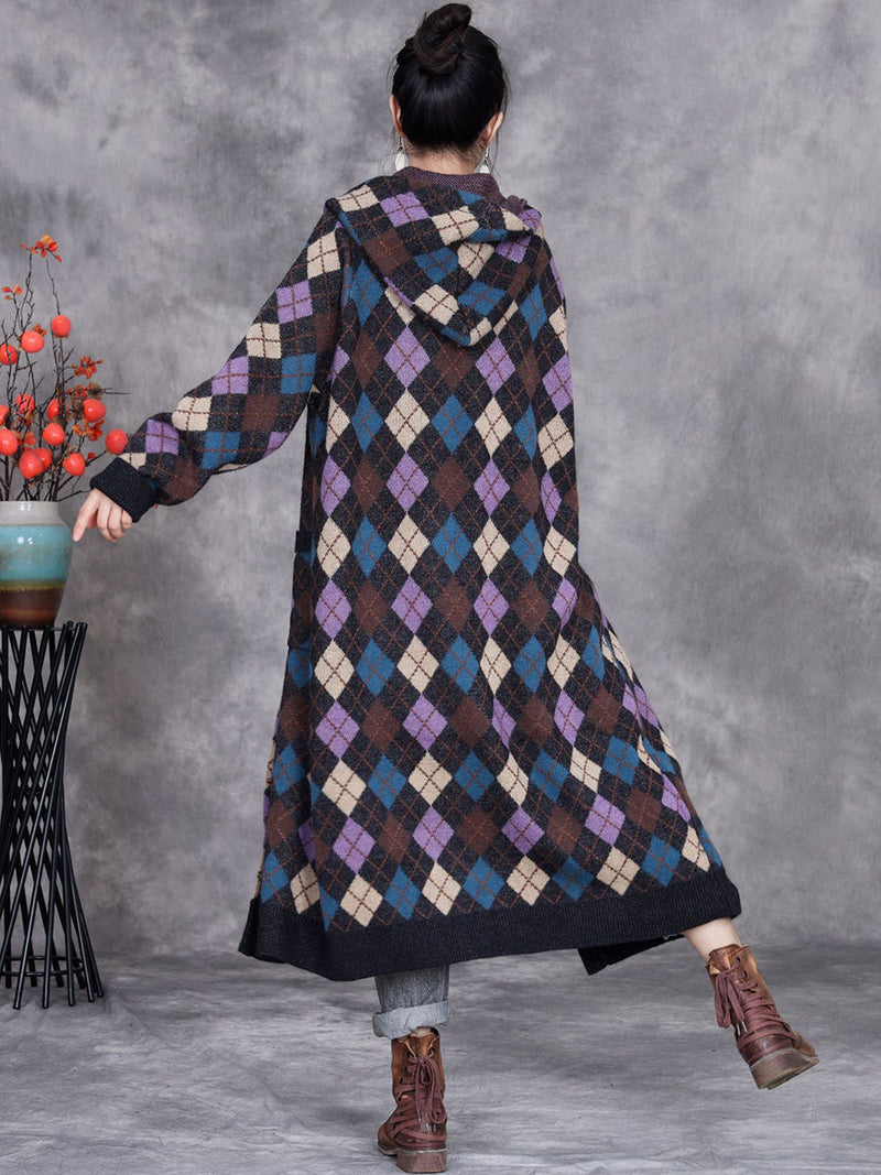 Winter Rhomboid Wool Knitted Hooded Coat Ai1001