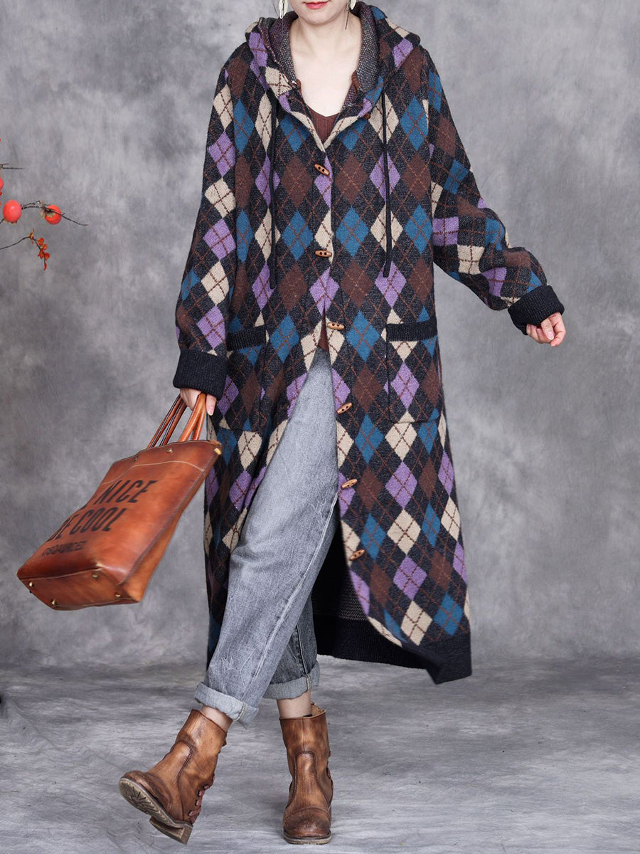 Winter Rhomboid Wool Knitted Hooded Coat Ai1001