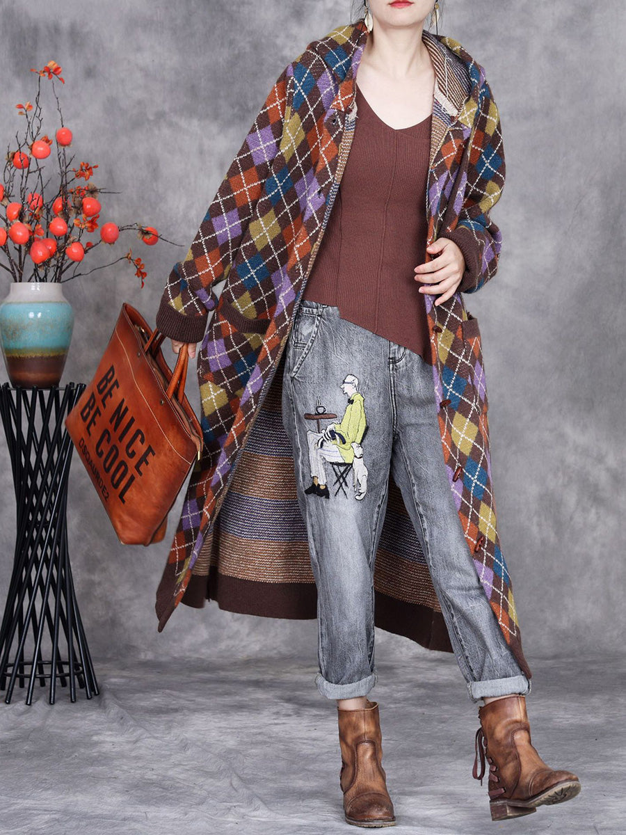 Winter Rhomboid Wool Knitted Hooded Coat Ai1001