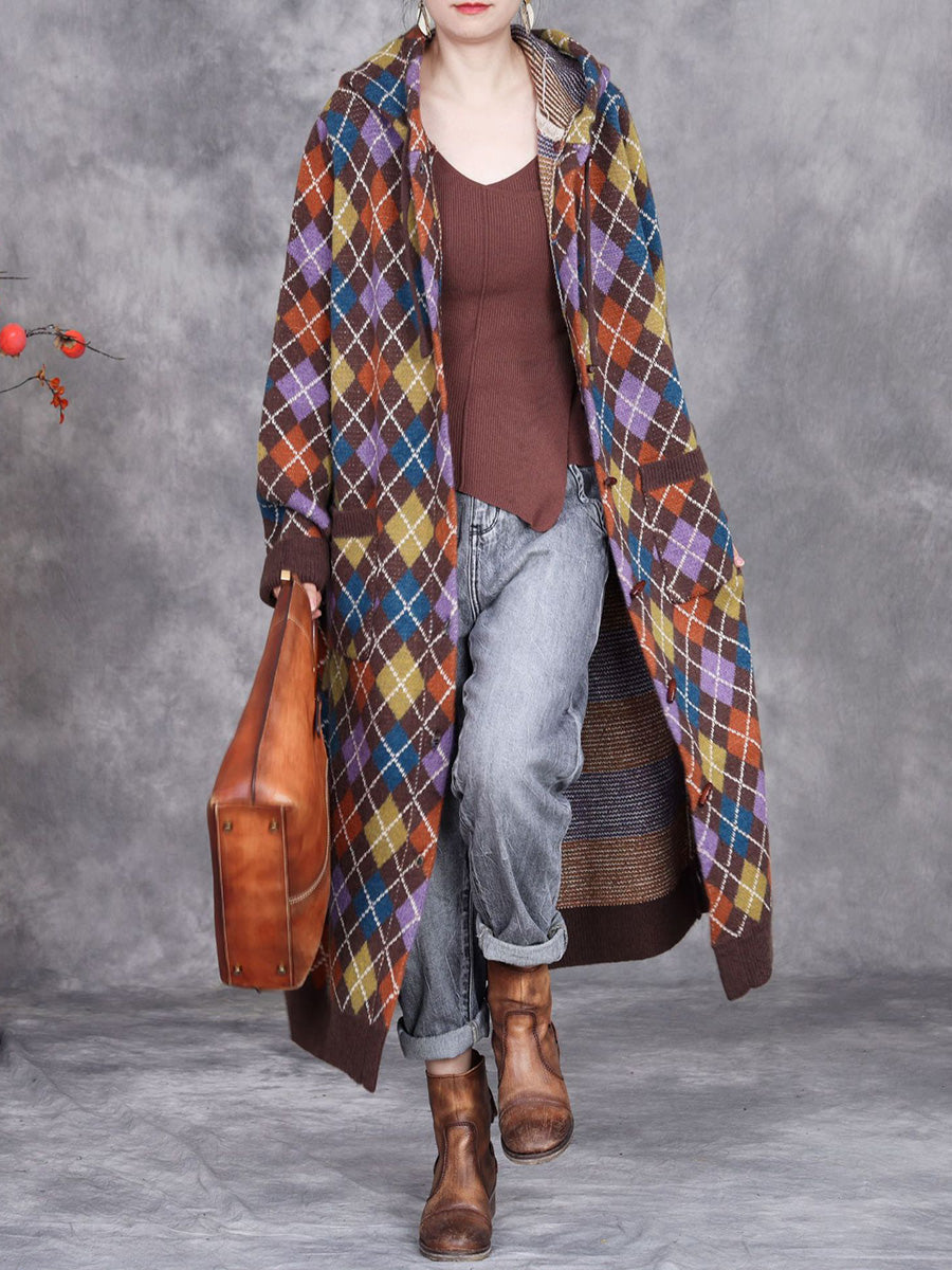 Winter Rhomboid Wool Knitted Hooded Coat Ai1001